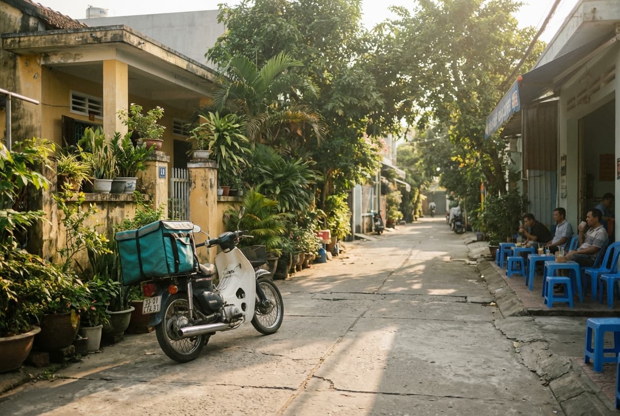 Quiet residential lane in Da Nang with delivery scooter and local coffee shop
