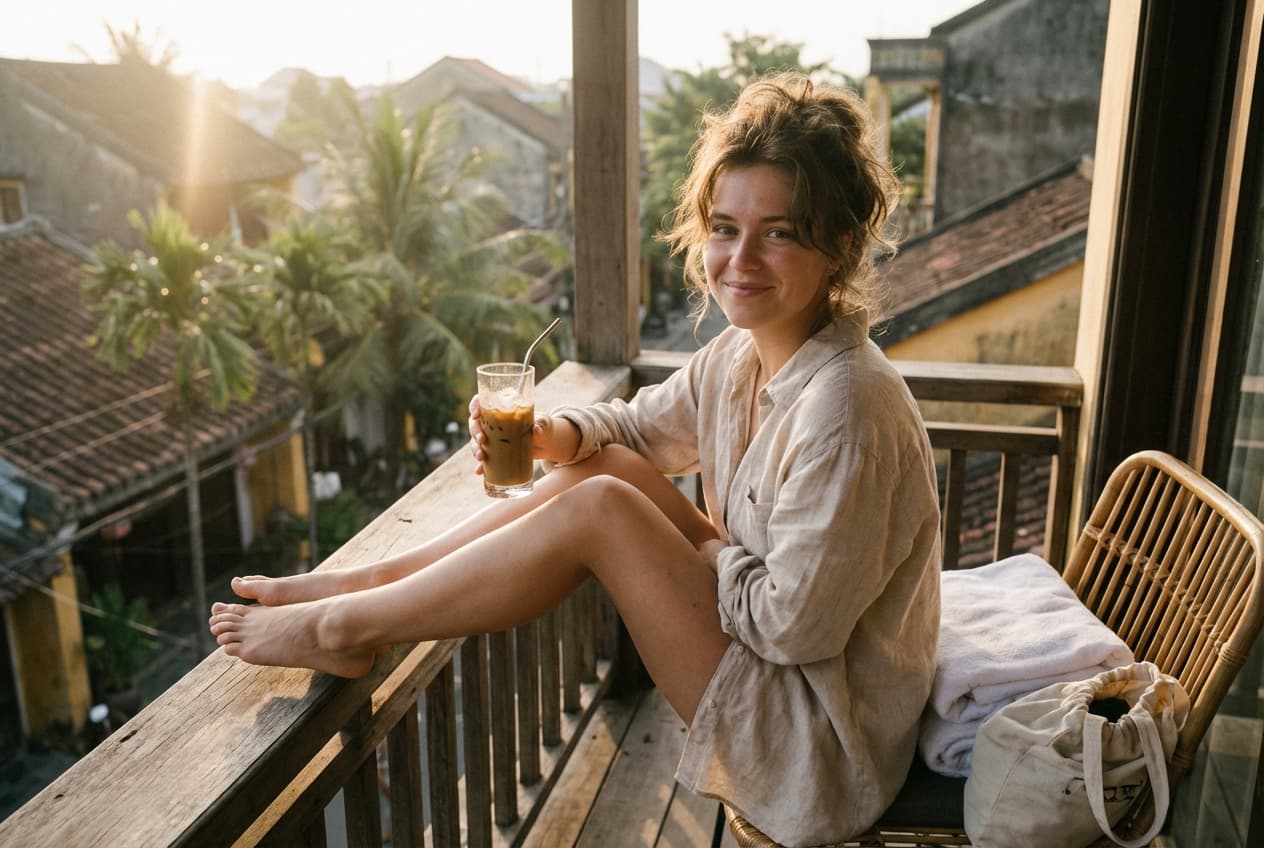 Expat enjoying morning coffee on a Da Nang balcony with fresh laundry