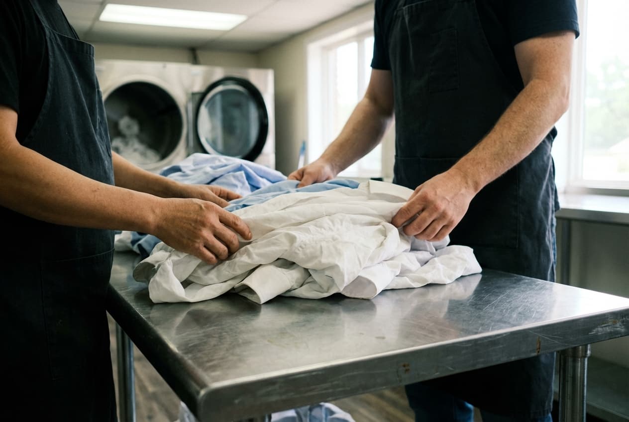 Team sorting freshly washed clothes at the WashBliss workspace