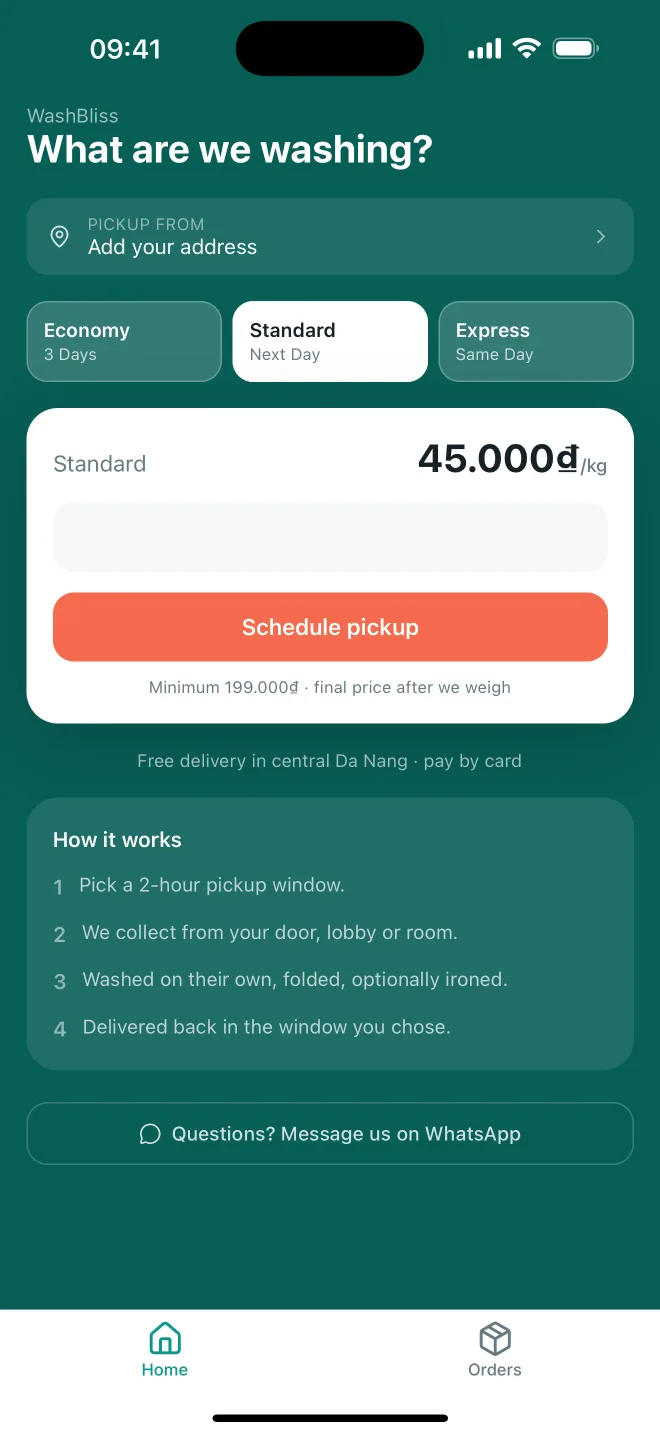 The WashBliss app home screen, showing the pickup address and a schedule pickup button